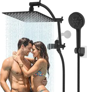 Metal Shower , 10'' High  Rain Shower /Handheld Showerhead Combo with 16'' Adjustable Extension Arm, 10 Sprays, 71'' Hose, Adhesive Showerhead Holder, Matte Black