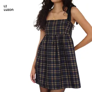Women Mini Dress Casual Tie up Strap Plaid Print A-Line Party Dress for Beach Club Streetwear