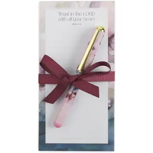 Compact Magnetic Notepad & Medium Ballpoint Pen Set: Trust in the Lord Inspirational Scripture for Shopping Lists Memos Reminders, 70 Lined Easy Tear-off Sheets, Purple/Teal Floral