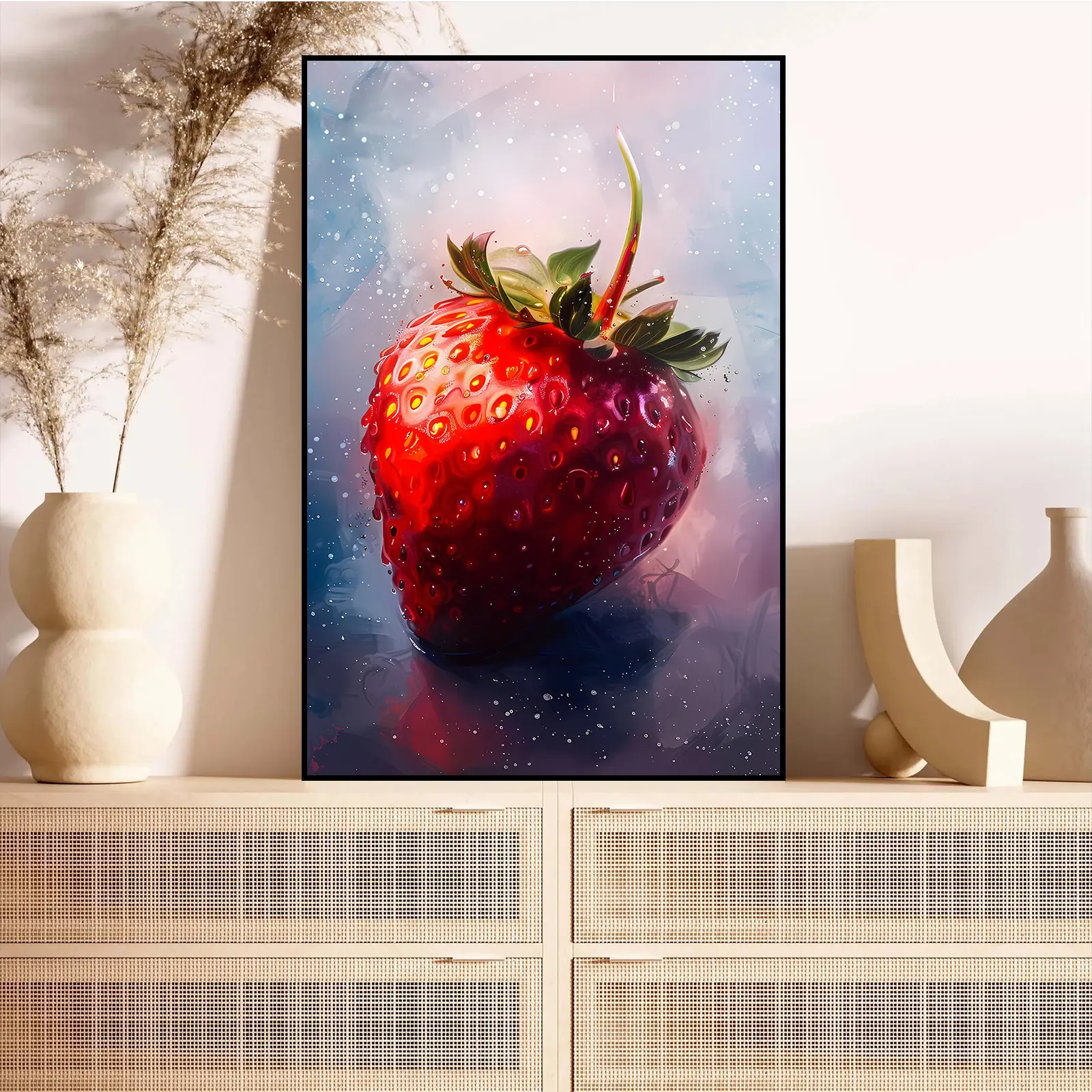 Unframed Photorealism Strawberry Canvas Print - Decorative Hangable Home Supply with Juicy Water Drops, Vibrant Red-Green Fruit Wall Art for Kitchen, Fruit Lover Room, Decoration for Dining Room, Housewarming Gift