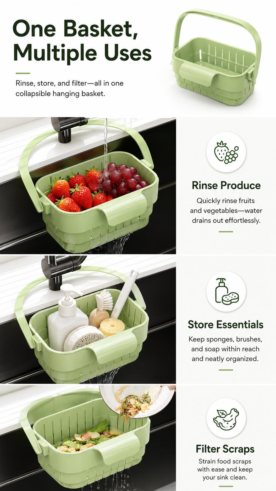 Collapsible Hanging Drain Basket - Expandable Foldable Space Saving Kitchen Sink Organizer for Dishes and Produce