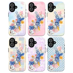 Dolphin Ocean Phone Case, Marine Collage Blue Dolphins Coral Seashells Pearls Starfish Flowers Pastel Gradient Plaid Retro Coastal Summer Whimsical Aesthetic Gift Fashion Vibes, iPhone 17 16 15 14 13 12 Pro Max Plus X, Galaxy S25 S24 S23 S22 S21 Ultra