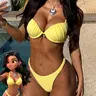 Women's Push-Up Swimwear Swimsuit, High-Cut Sexy Bottoms with Ocean Turtle Print in Baby Yellow, Summer Beach Bikini Set for Vacation, Bikini Beach Wear, Bikinis Set, Bikini Bathing Suits