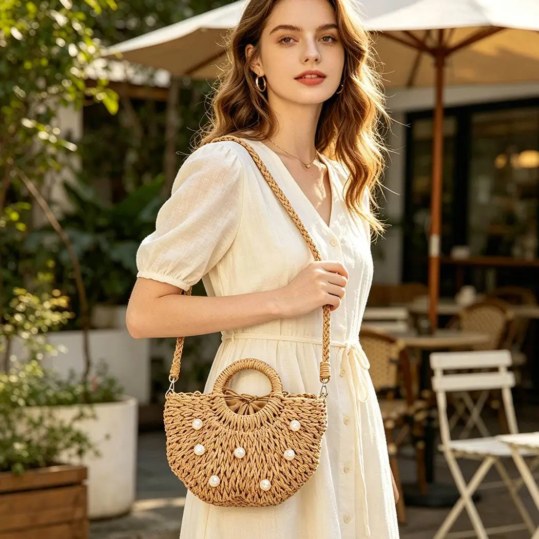 Pearl Embellished Straw Tote bag