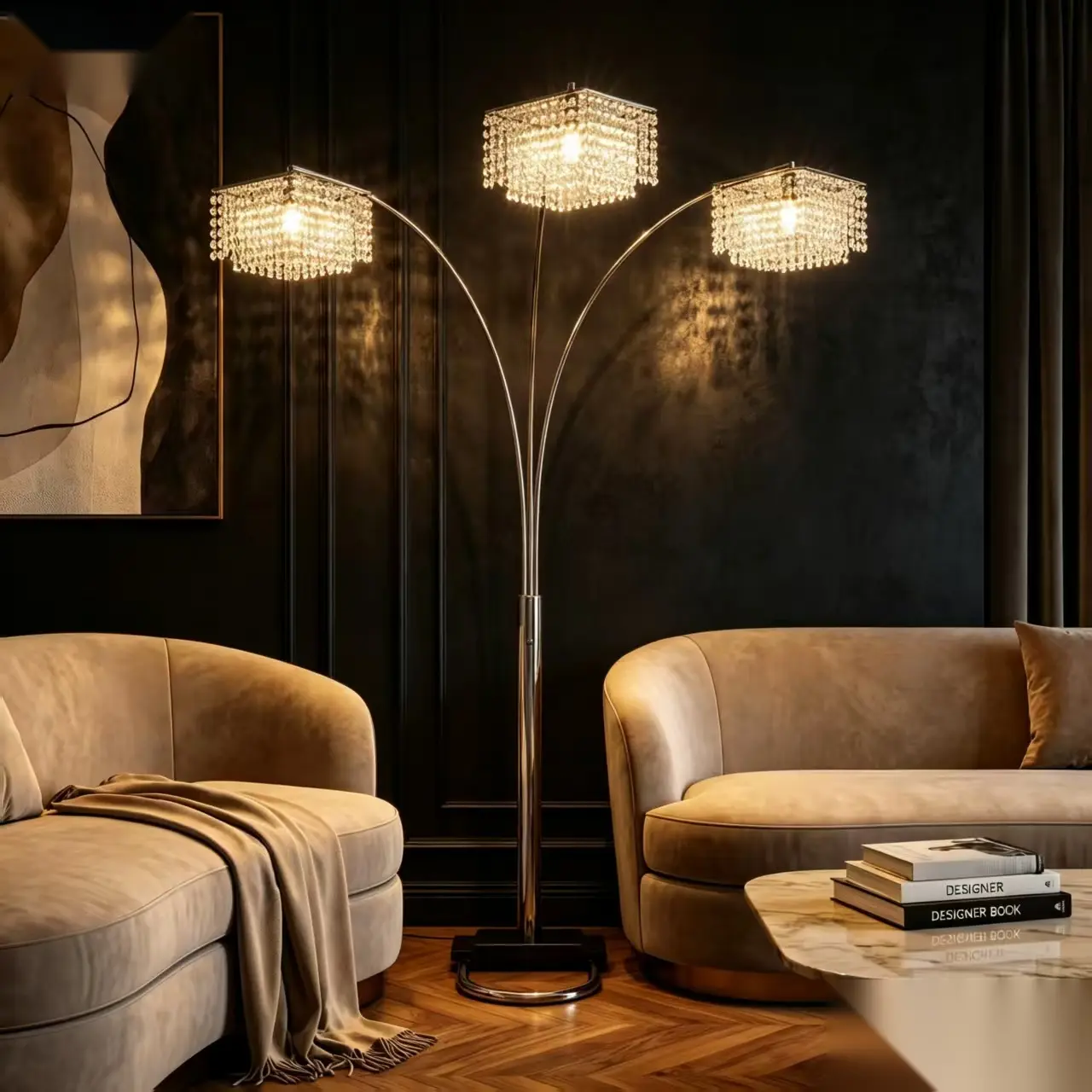 Modern Design Classic Luxury 87"H Multi-head Floor Arc Lamp with Crystal-like Accents & Rain Drop Arc for Living Room Home Decor Light