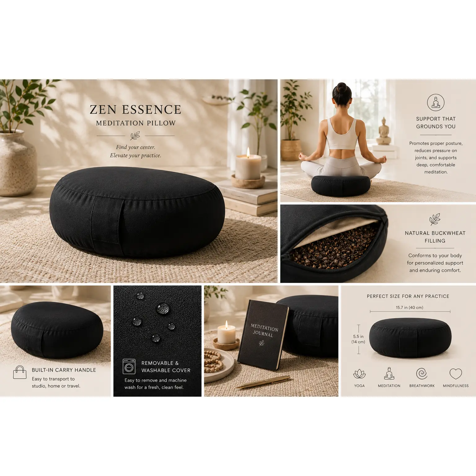 Zen Essence Large Meditation Pillow | Zafu Yoga Cushion | Crescent Buckwheat Bolster with Washable Cover (Minimal Black)