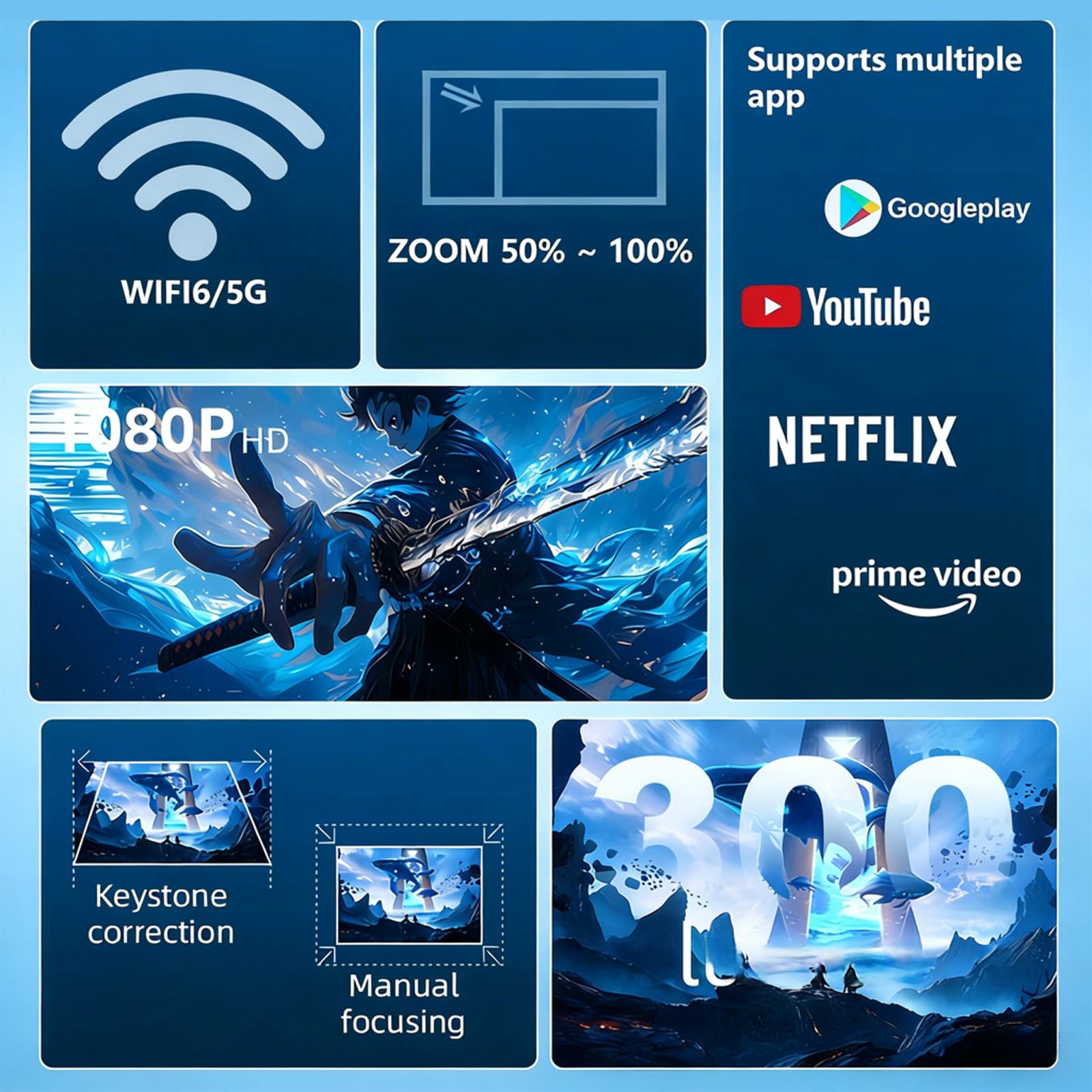 XBJ mini projector with built-in Android system, supports Wi‑Fi and Bluetooth connectivity, features keystone correction and 4K decoding, rotates 180 degrees, designed for short projection use. Suitable for home/outdoor use — Black Friday