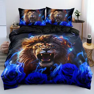 2/3 sets of down comforter covers, soft and comfortable, extra-large black lion down comforter cover, lion double bedding set for boys, large down comforter cover with 3D animal print, red rose bedding set, Flower Printed Bedding, Rose Pattern Bedding