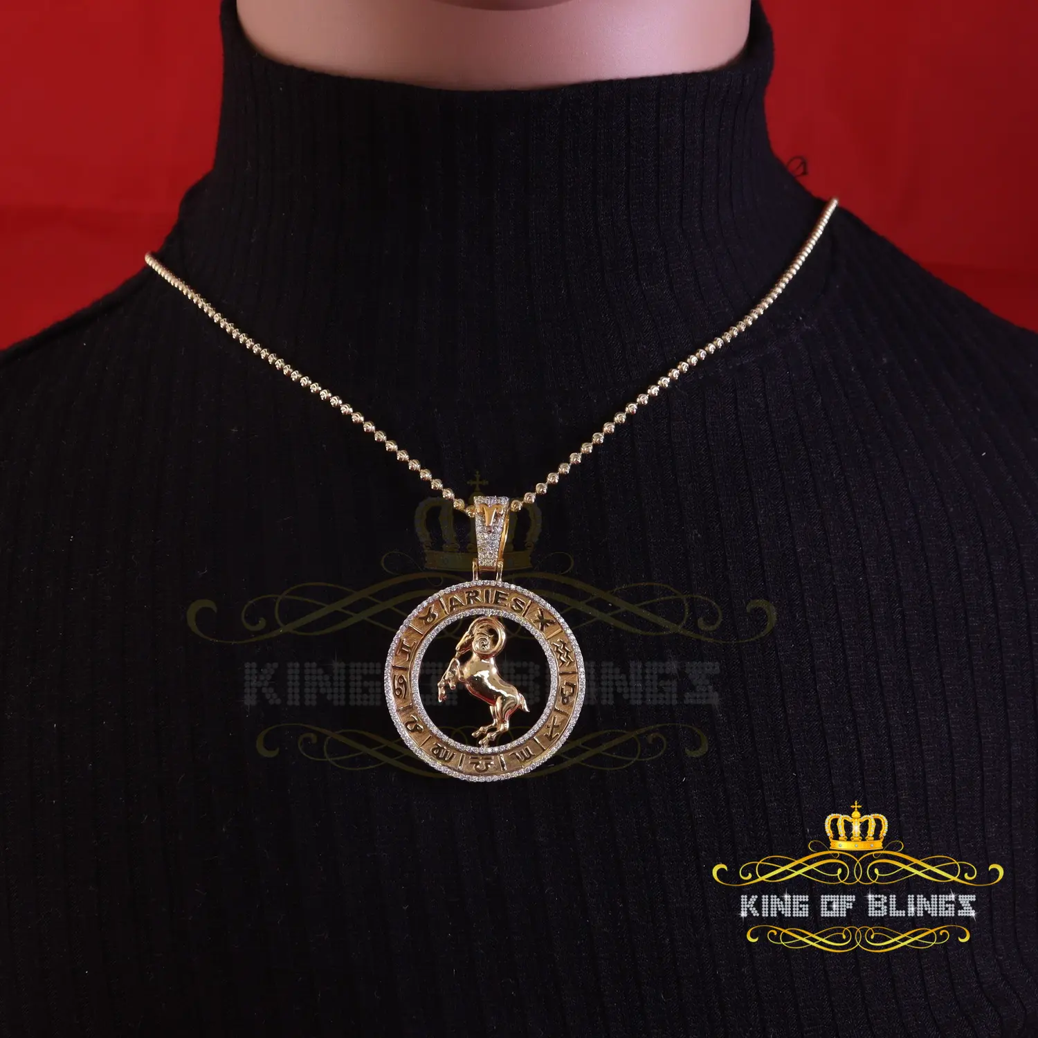King Of Blings 1.77ct Cubic Zirconia Aries Pendant for Men & Women 925 Sterling Yellow Silver Zodiac Sign Charm Necklace Gift Box Included