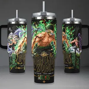 Roronoa Zoro Pirate Hunter Tumbler, One Piece Three Sword Style 40oz Cup with Handle, Wano Kuni Enma 20oz Stainless Steel Travel Mug, Anime Fan Gift, Zoro Inspired Insulated Tumbler Featuring Epic Green Aura Design.