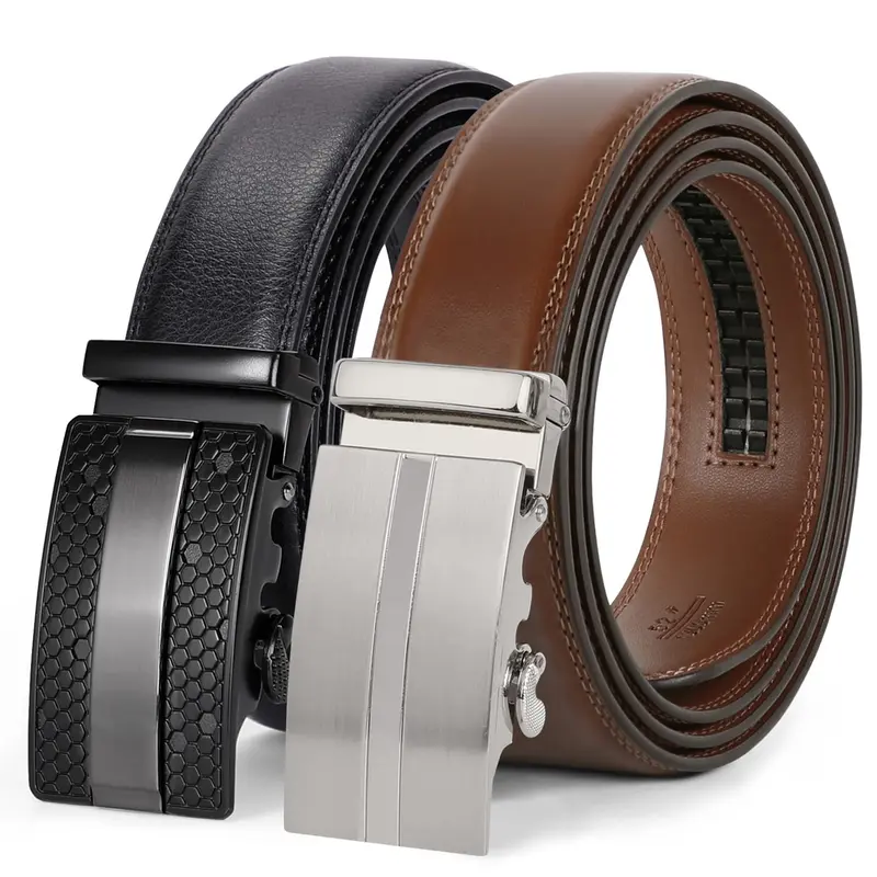 1/2-Pack Men Ratchet Genuine Leather Belt With Automatic Alloy Buckle Easy Adjustable Men Belt For Suit Pants