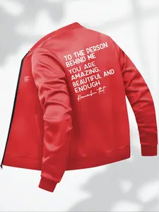 Men's Slogan Print Pocket Zip Up Bomber Jacket Coat with Pockets, Regular Fit Casual Comfy Long Sleeve Baseball Collar Outerwear for Daily Wear, Fashion Men's Clothes for Spring & Fall