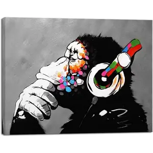 Pop Art Monkey with Headphones Wall Decor – A Stretched Canvas Print of a DJ Chimp in Banksy-Inspired Abstract Style, Offering a Playful yet Edgy Artistic Statement for Living Spaces, Home Offices, Bedrooms, or Creative Interiors.