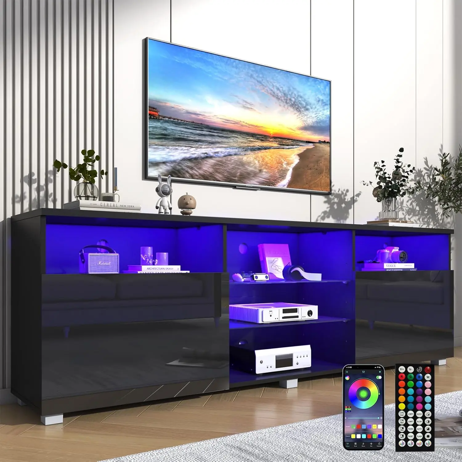 Vinctik 6&Fox Modern LED 70 inch TV Stand for 75/80 inch TV,High Glossy TV Entertainment Center with Storage Drawer,TV Stands for Living Room,APP RGB Light,Smart Modern TV Cabinet(71in Black)