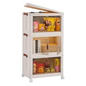 3Pcs Foldable Storage Bins With Lid Wheels Front Magnetic Door Beige & Brown Plastic 78QT Capacity Easy To Use & Move Stackable Home Organizer