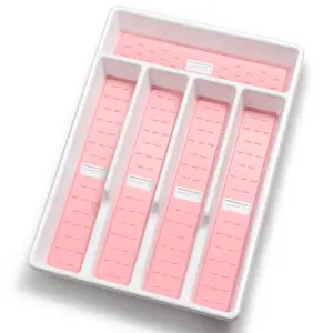 Silverware Organizer with Icons，Plastic Cutlery silverware Tray for Drawer，Utensil Flatware Tableware Organizer for Kitchen with Non-slip TPR,Fits Standard Drawer,5-Compartment,Pink Boxes Fruit