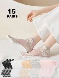 Women's Floral Lace Sheer Ankle Socks, 15 Pairs Casual Comfy Breathable Invisible Socks for Daily Wear, Women's Socks for Summer, Breathable Soft Socks