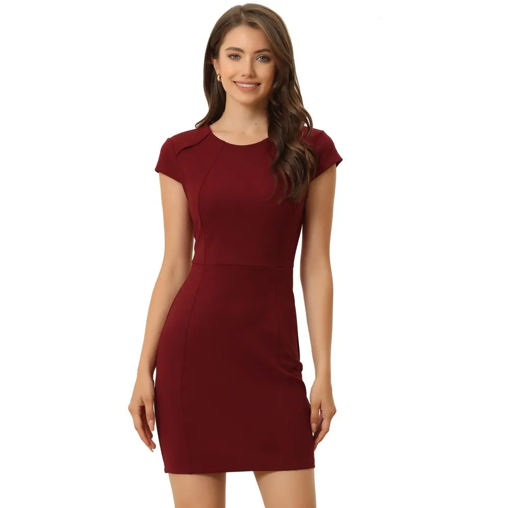 INSPIRE CHIC Women's Round Neck Cap Sleeve Slim Fit Work Mini Bodycon Dresses Wine Red Large