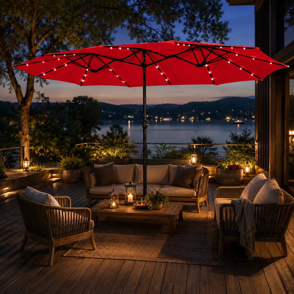 【All Red】Yaheetech 13/15ft Large Patio Umbrella with 36 Lights, Double-Sided Outdoor Rectangle Umbrellas with Base, Sandbags, Hand Crank & Ventilation Canopy for Patio Garden Backyard