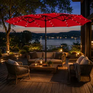 【All Red】Yaheetech 13/15ft Large Patio Umbrella with 36 Lights, Double-Sided Outdoor Rectangle Umbrellas with Base, Sandbags, Hand Crank & Ventilation Canopy for Patio Garden Backyard