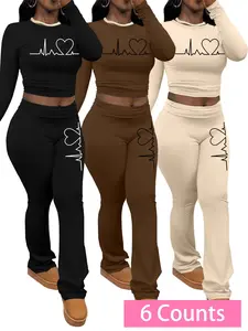 Women's Letter & Heart Print Long Sleeve Tee & Flare Leg Pants Sets , Casual Round Neck Top & Flared Pants for Fall & Winter, Gym Outfits, Casual Sportswear, Women's Clothes for Daily Wear Valentine's Day, gift