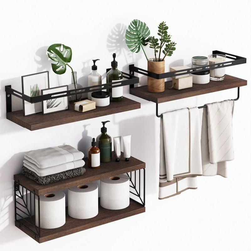 3+1 Tier Wall Mounted Bathroom Shelves Over Toilet, Rustic Wood Floating Shelves With Metal Frame And Towel Bar For Bathroom, Kitchen, Bedroom, Living Room, Home Decor, Bathroom Decor, Bathroom Organizer Summer