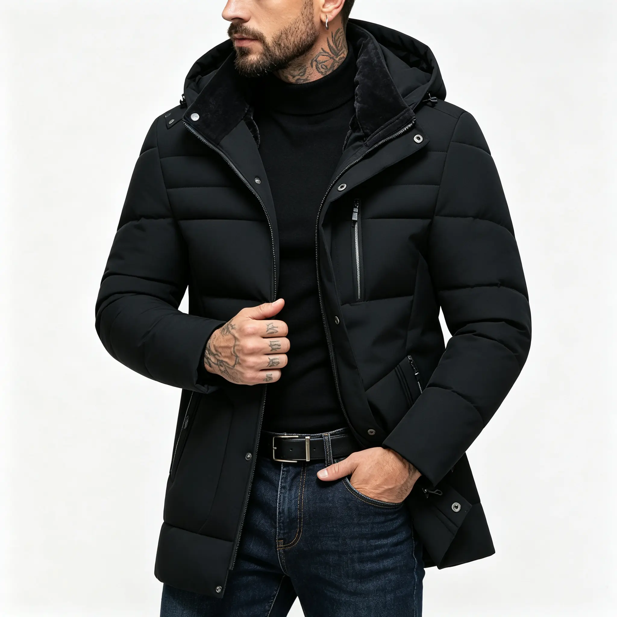 Men’s mid-length hooded down jacket with fleece lining for warmth in winter, featuring a zip design and windproof construction; casual outerwear suitable for cold weather.