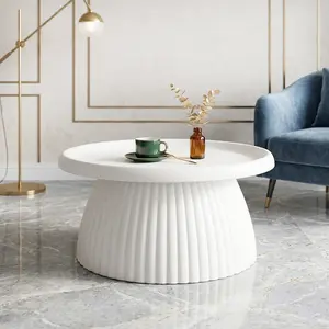 Magnesium Oxide Coffee Table for Small Spaces Modern Fluted Accent Circle End Table for Living Room Aesthetic Ivory White