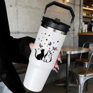 Loyr 30oz Handheld Insulated Cup, Butterfly Cat Design, Stainless Steel Leak-Proof, Large Capacity Portable, Perfect Gift for Men and Women