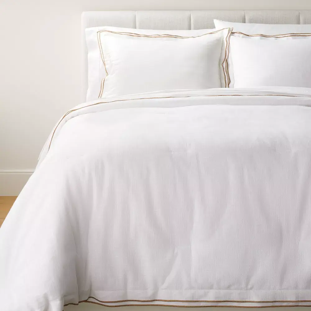 King Double Flange Merrow Stitch Comforter & Sham Set White/Camel - Threshold designed with Studio McGee: Cotton Quilted