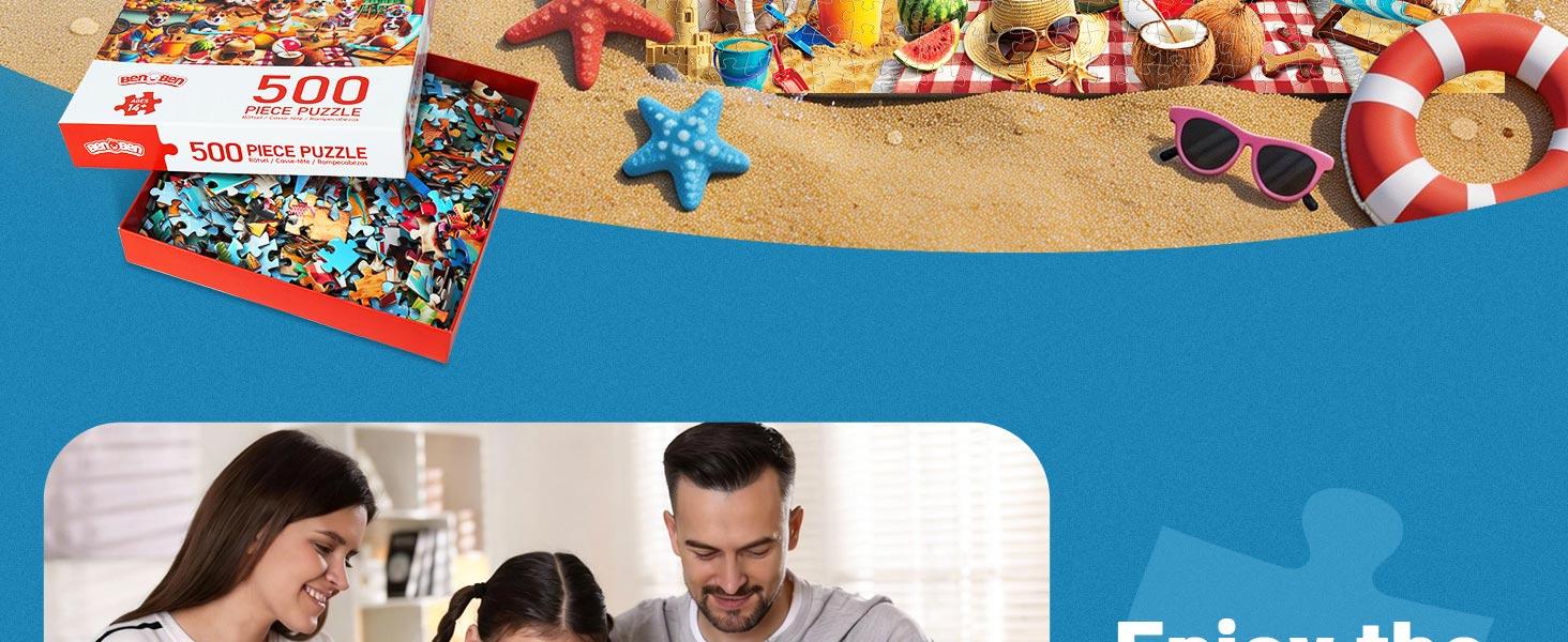 BenBen Puzzles for Adults 500 Pieces, Dogs on Vacation, Summer Dog Jigsaw Puzzle with Patterns on Back, Funny Animal Puzzle, Challenging Puzzles for Family Game Night, Home Décor