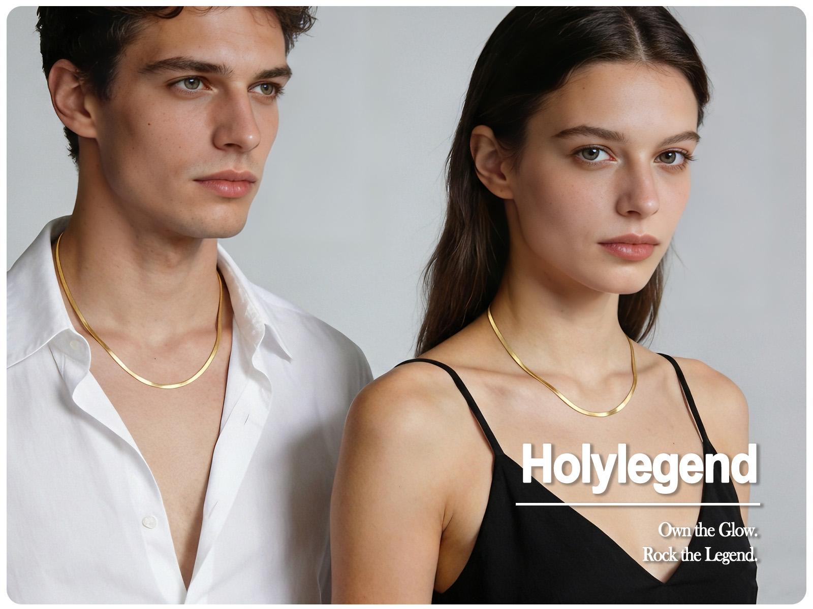 Holylegend 14K Real Gold Plated Herringbone Chain Necklace for Men, Flat Snake Design, Smooth Shine