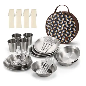 Odoland Stainless Steel Camping Mess Kit for Family & Person, Cooking Tableware Utensils with Plates Bowls Forks Spoons Knives & Savings Bag for Camping, Backpacking, Hiking, Picnic