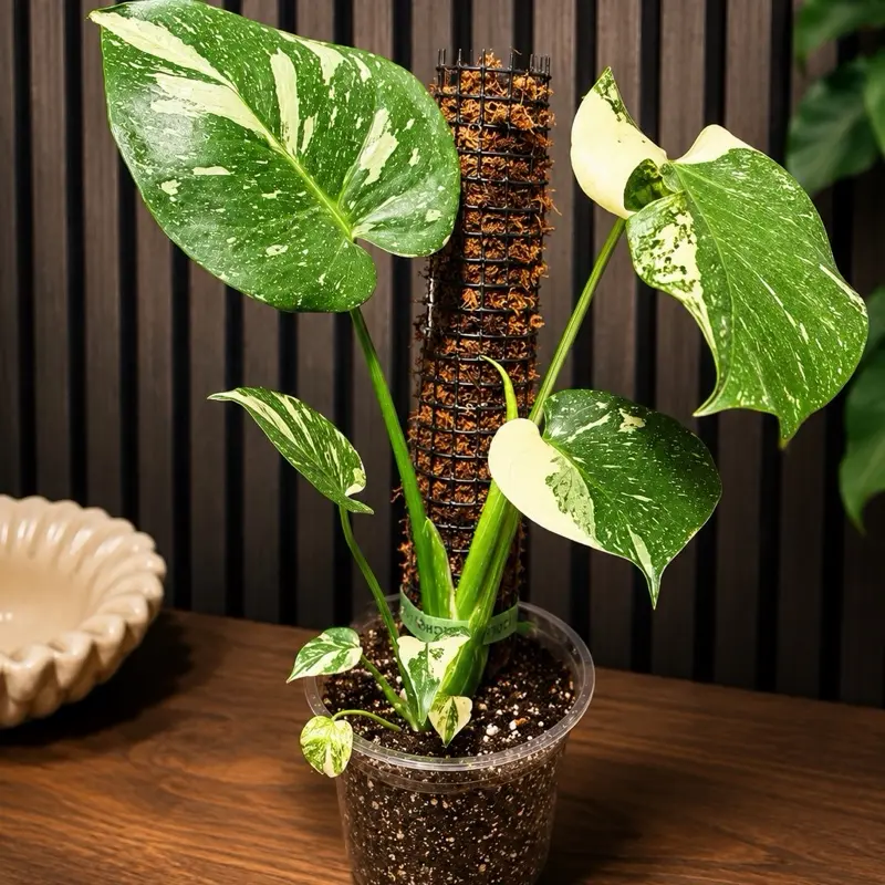Monstera Thai Constellation 5” Growers Choice - Includes Moss Pole, Chunky Soil and Clear Pot