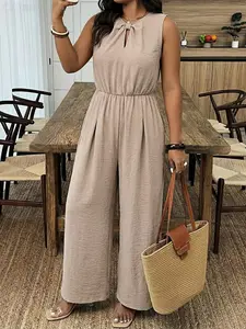 Women's Summer Plain V-Neck Jumpsuit, Minimalist Pleated Sleeveless Design, Back Bow Tie, Fashion Wide Leg Pants, Versatile Summer Womenswear
