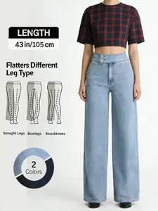 Women's Vintage Elegant Denim Jeans High Waisted Button Fly Slim Fit Wide Leg Pants, Casual Fashion Comfortable Design No Side Pockets
