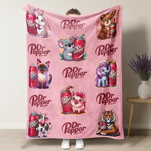Cute Animal Patchwork Print  Dr Pepper Flannel Blanket,  Dr Pepper gifts merch,  Koala Rabbit Bear Pig Blanket,Soft  and Warm Machine Washable Blanket  For Bed Cover  Indoor Bedding For Sofa Outdoor Use