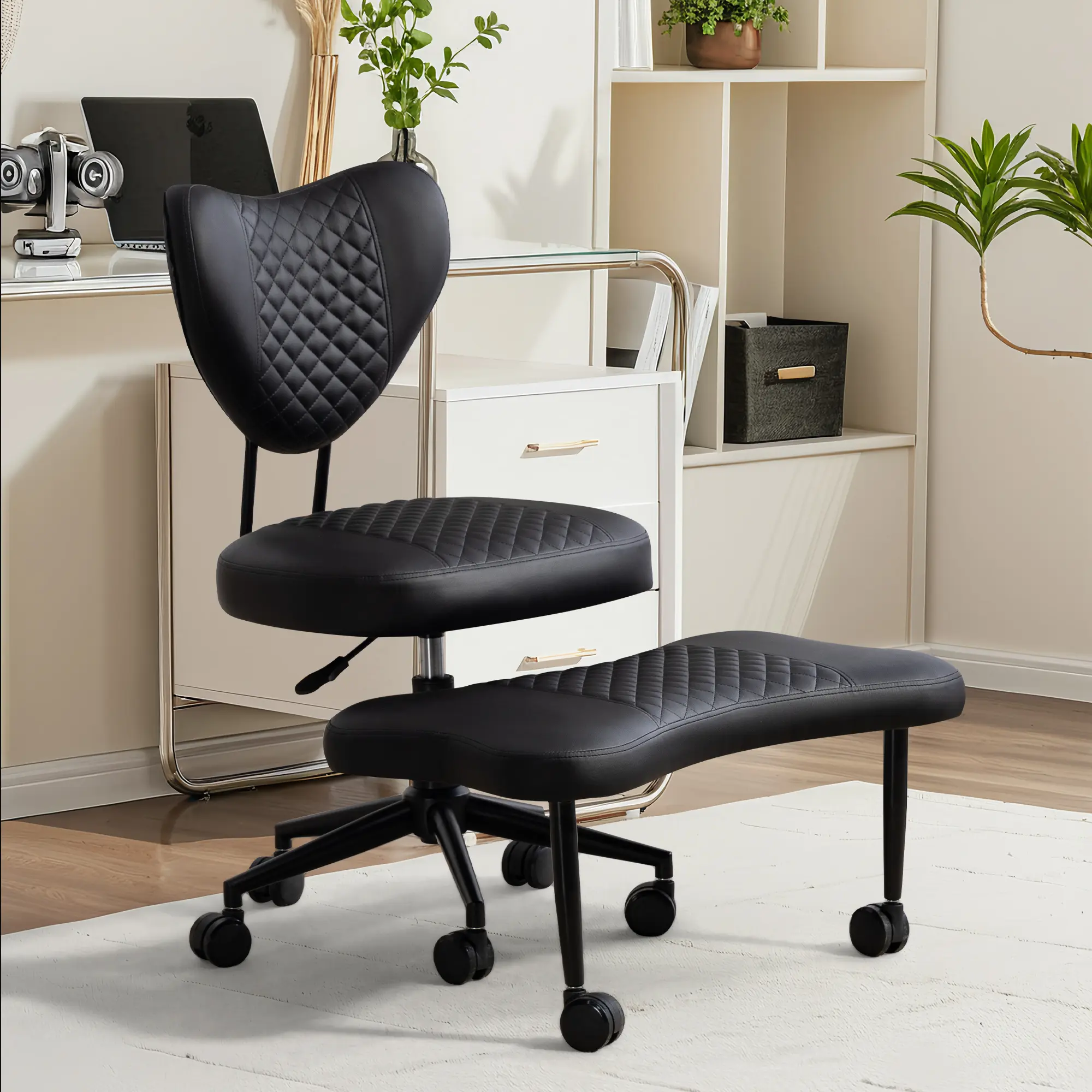 Dufominc Upgraded Ergonomic Cross-Legged Swivel Office Chair - PU Leather, Adjustable Height, Back Support - ADHD Posture Correction Seat for Home Office Use