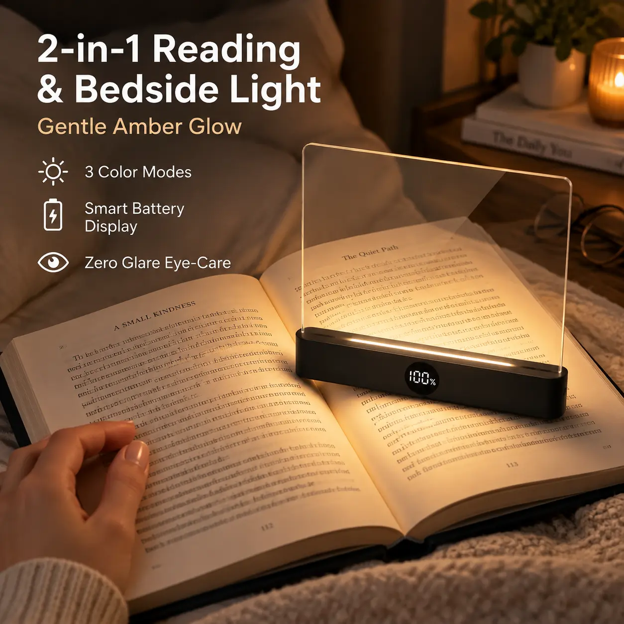 Rechargeable Smart Flat LED Book Light - 1200mAh Adjustable Dimmable Full-Page Panel (Keeps Text in View) with Digital Timer Control, Auto Shut-Off, Home Improvement Readers Bedside/Desk Lighting Accessory