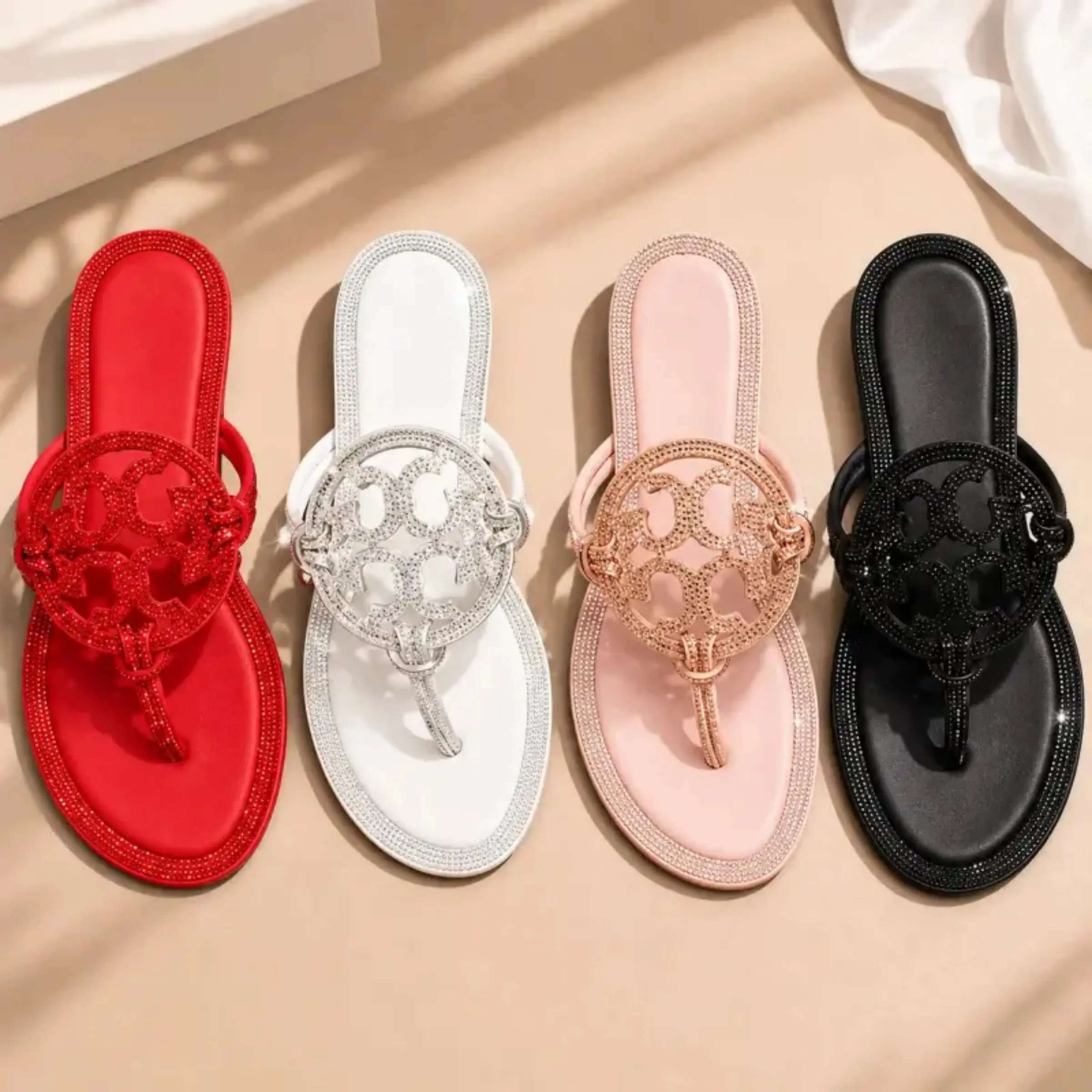 Elegant Crystal Decor Flip Flops Women Stylish Flat Sandals Comfortable Casual Beach Day Outdoor Walk Sparkly Dressy Vacation Holiday Rhinestone Thong Sandals Non Slip Soft Sole Pool Cruise Wedding Guest Bling Sandalias Mujer Multi Color Ladies Flips