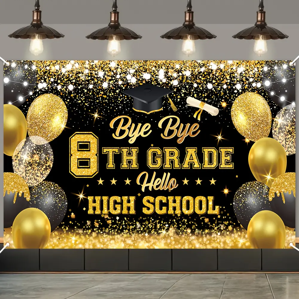 Black Gold Graduation Tapestry Banner, Lightweight Polyester Print Artwork, Senior Grad Celebration Decoration for Ceremony Party, Indoor-Outdoor Photography Studio Prop Photo Booth Backdrop