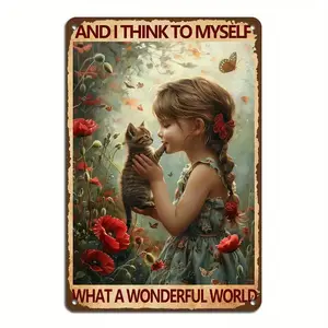 Vintage "What a Wonderful World" Girl & Kitten Metal Tin Sign, Poppy Floral Wall Art, Perfect Cottagecore & Bedroom Decor