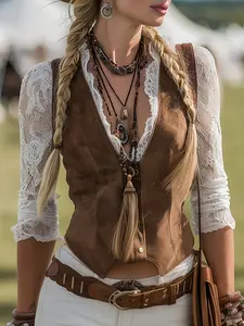 [Western Lace Shirt] Romantic Western Lace Sleeve Brown Shirt, Western Style Shirt, Elegant Lace Patchwork Vest