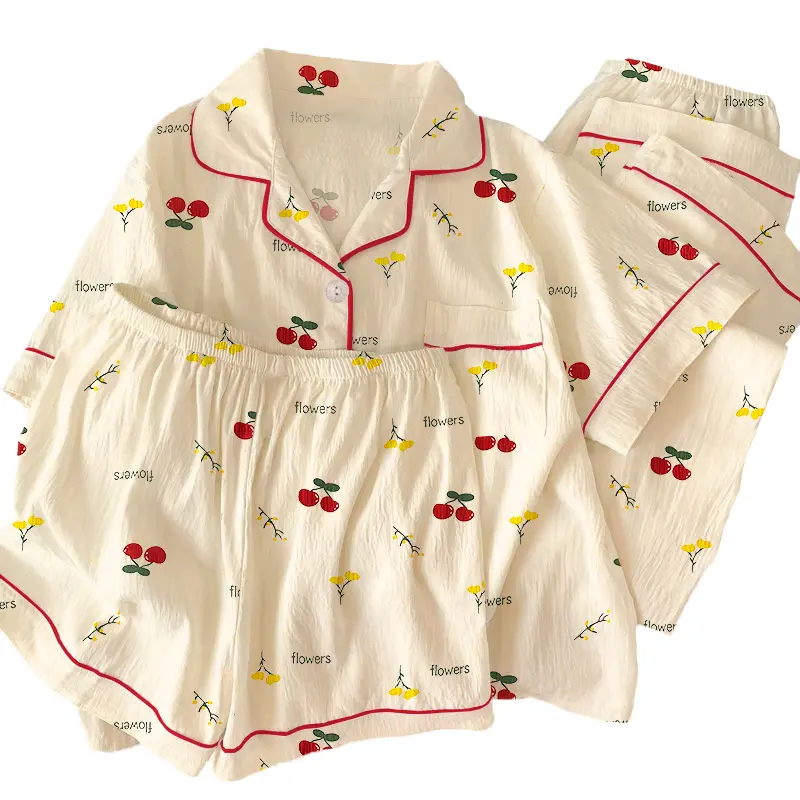 XL  3in1 Women's Wrinkle-resistant Short-sleeve Three-piece Pajama Set