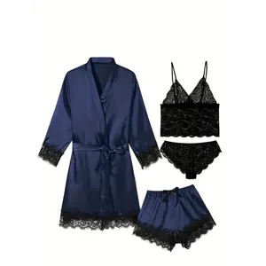 4pcs Plus Size Navy Blue Satin Pajamas Set - Women's Floral Lace Cami Blue Sleepwear With Robe - Four-piece Sexy Lingerie Overall Dress Set Homewear