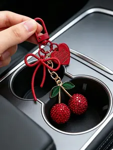 Rhinestone Cherry Bag Charm 3d Double-Cherry Design, Fully Pavé-Set With High-Sparkle Red Rhinestones Understated Luxury Resistant To Oxidation And Fading For Bags, Keys, Headphone Cases, And Cars Sparkly Bag Charm Bag Charm Keychain