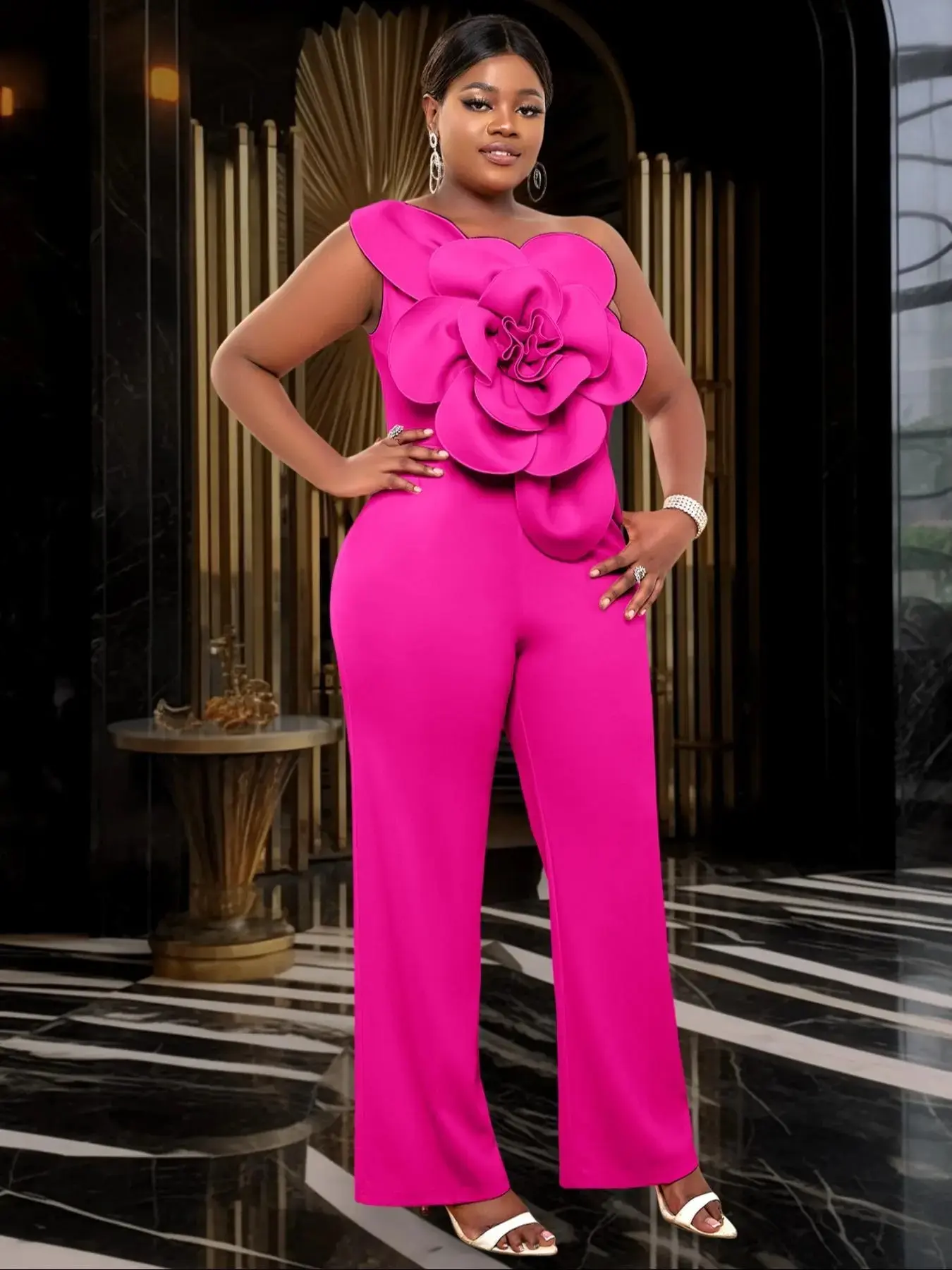 [Plus Size] Floral Design One Shoulder Jumpsuit, Fashion Chic Casual Elegant Jumpsuit for Daily Outdoor Wear, Women Plus Clothing for Spring Fall