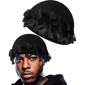 Tassels Silk Satin Lined Pre-Tied Turban Durag Head Wrap for Men & Women, Halo Turban Skull Cap Bonnet for Sleeping