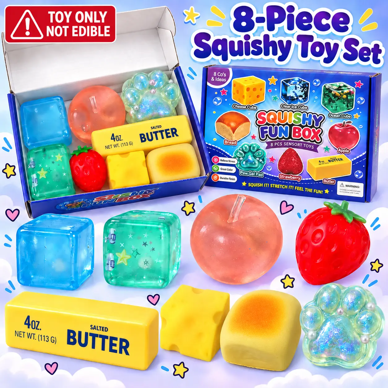 8-Piece Squishy Toy Set, Butter, Bread & Cheese Squishies, Sensory Fidget Toys, Assorted Stress Balls with Cat Paw, Apple, Strawberry & Ice Cube Shapes, fun Desk Toys for Adults & Teens, Gift Box