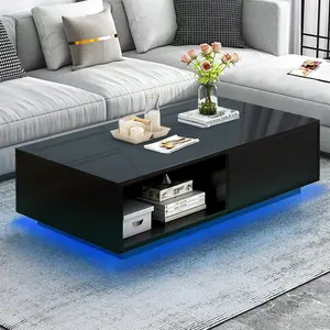 43.3IN LED Black Coffee Table with LED Lights Modern Rectangle Center Table for Living Room with Storage Drawer Home Furniture